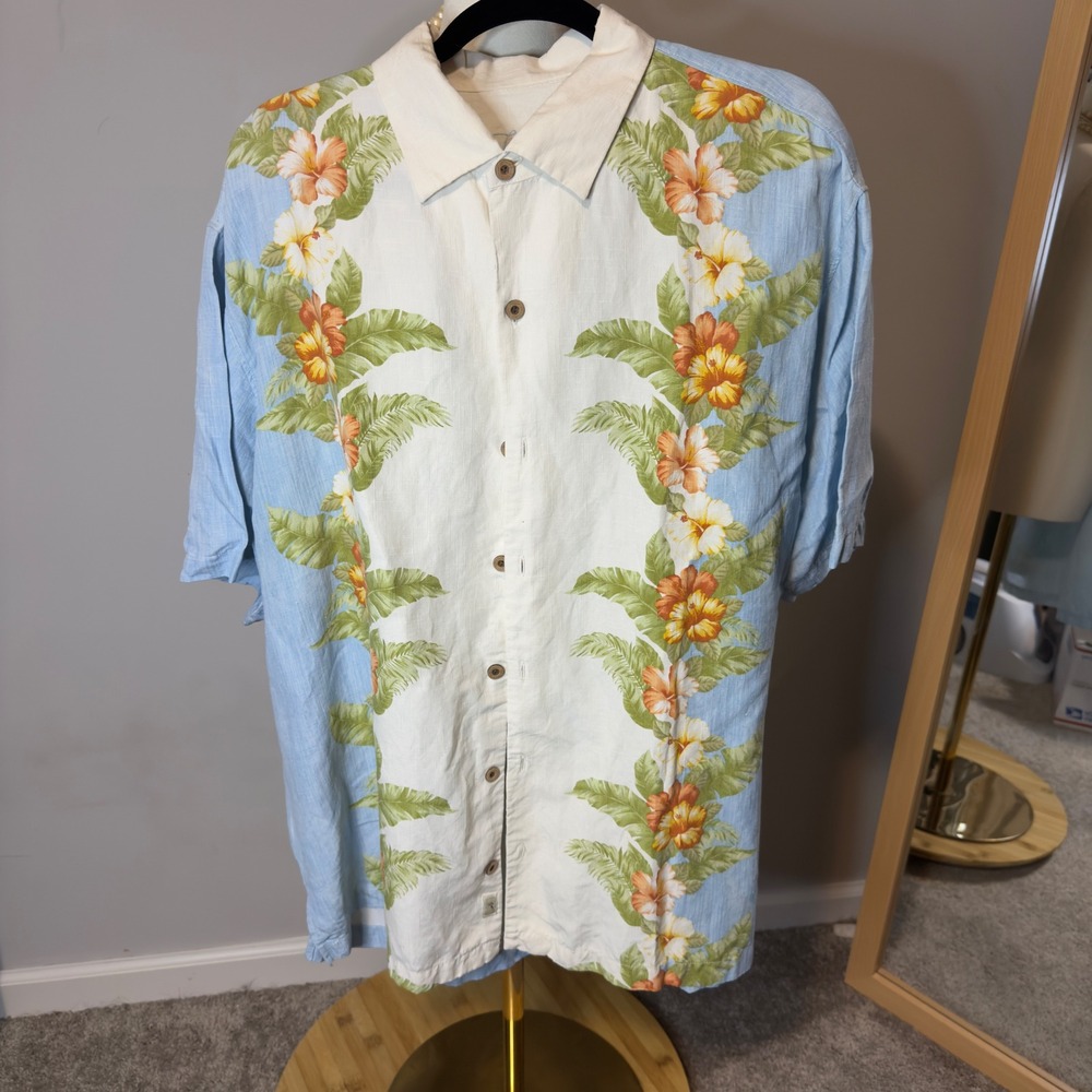 Tommy‎ Bahama Silk Linen Tropical Floral Camp Shirt Blue Cream XL T32924